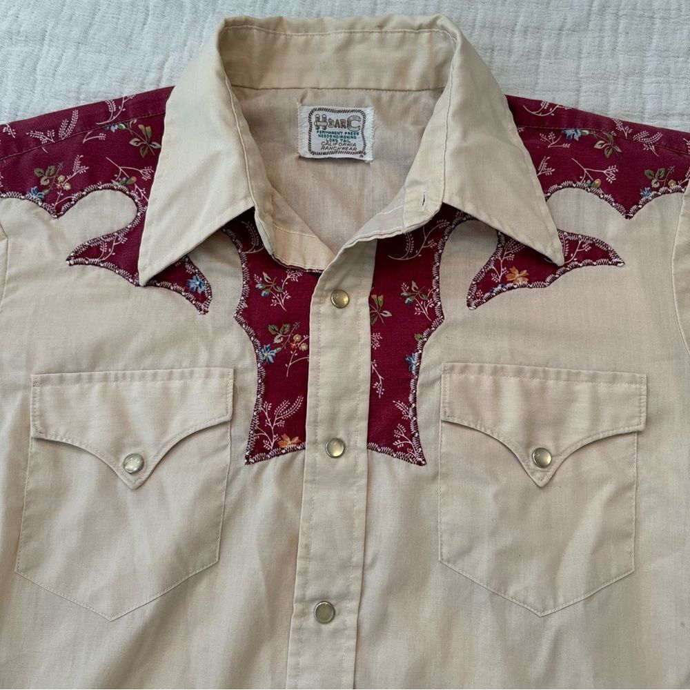 Vintage 70s H Bar C Ranchwear Western Shirt Sz M/L? Pearl Snap Up Floral